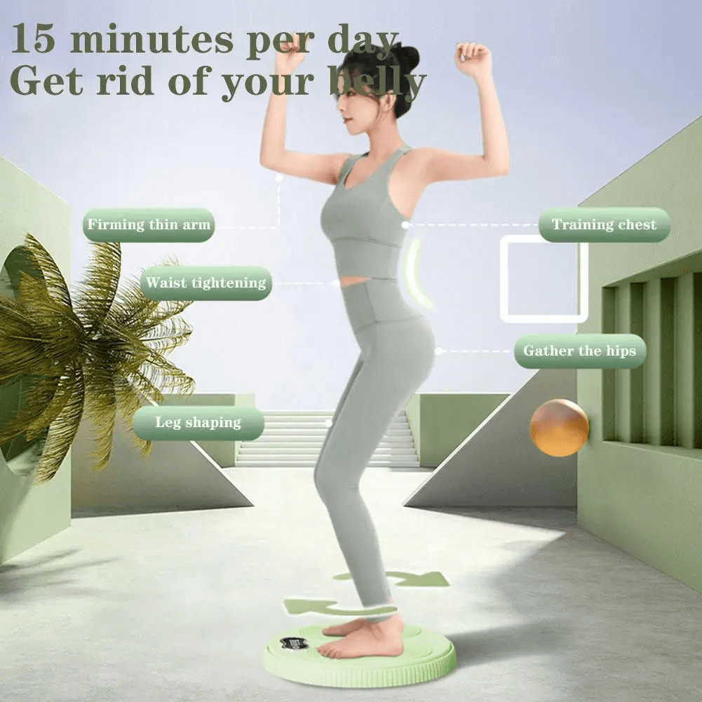 Woman exercising on Digital Rotating Waist Trainer with LCD Display - SF3496, enhancing core and balance in stylish workout setting.