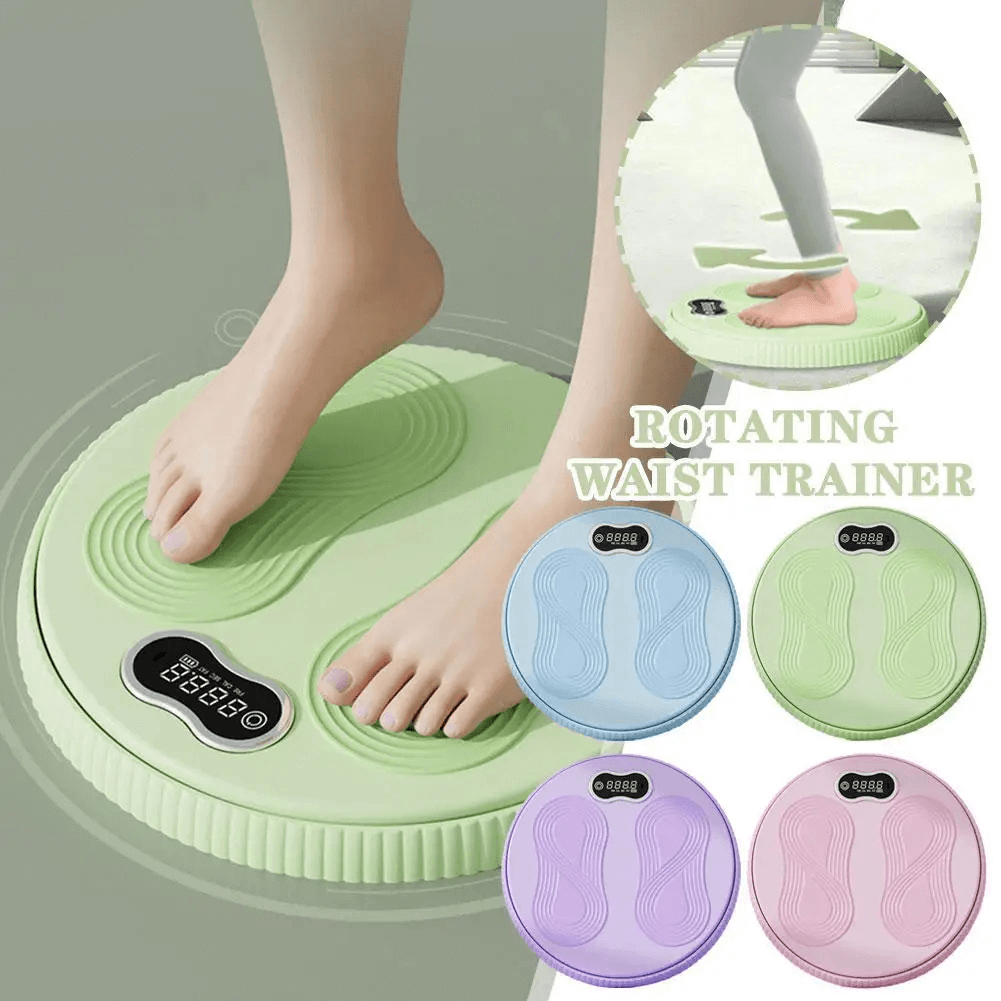 Digital Rotating Waist Trainer with LCD Display - SF3496 for core balance and fitness, shown in various colors on non-slip surface.