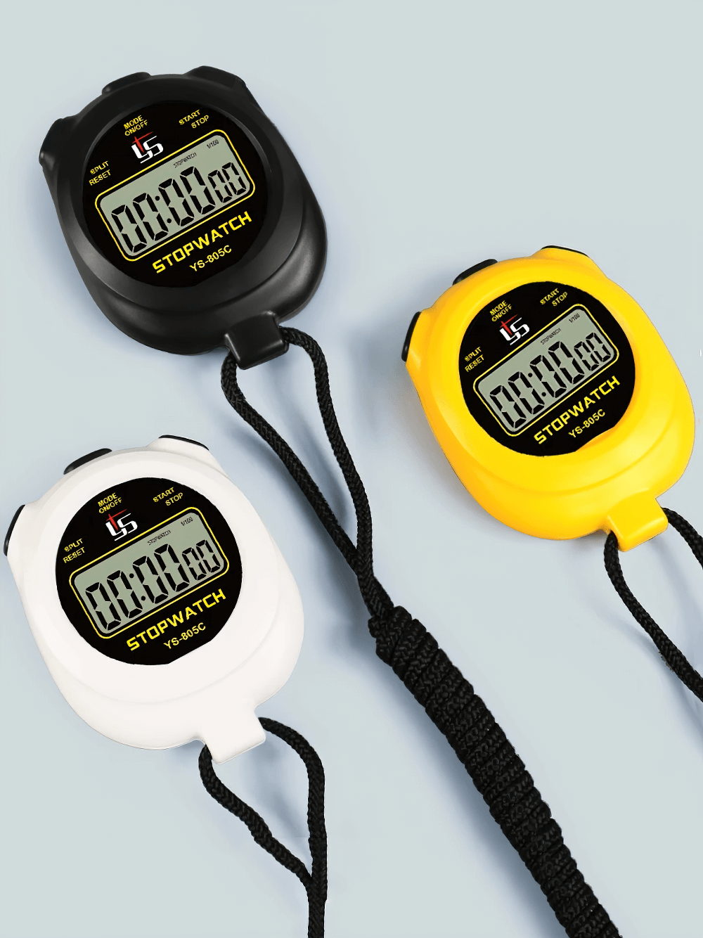 Digital Sport Stopwatch Timer with Countdown - SF3471 in black, white, and yellow displayed on a light surface.