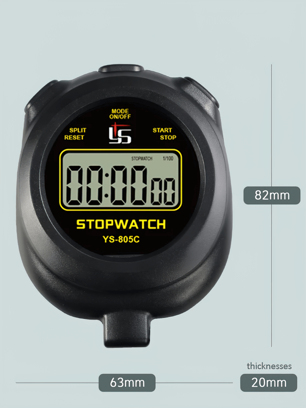 Digital Sport Stopwatch Timer with Countdown - SF3471; black stopwatch with display, dimensions 82mm by 63mm by 20mm.