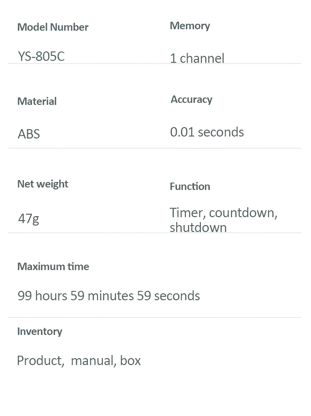 Digital Sport Stopwatch Timer with Countdown - SF3471 product details, model YS-805C, ABS material, 99 hours timer, 0.01 seconds accuracy.