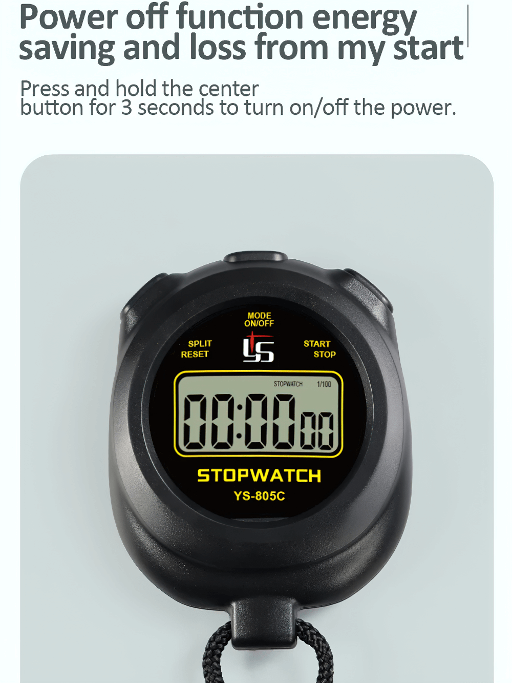 Digital Sport Stopwatch Timer with Countdown - SF3471 featuring start, stop, and reset buttons with energy-saving power off function.