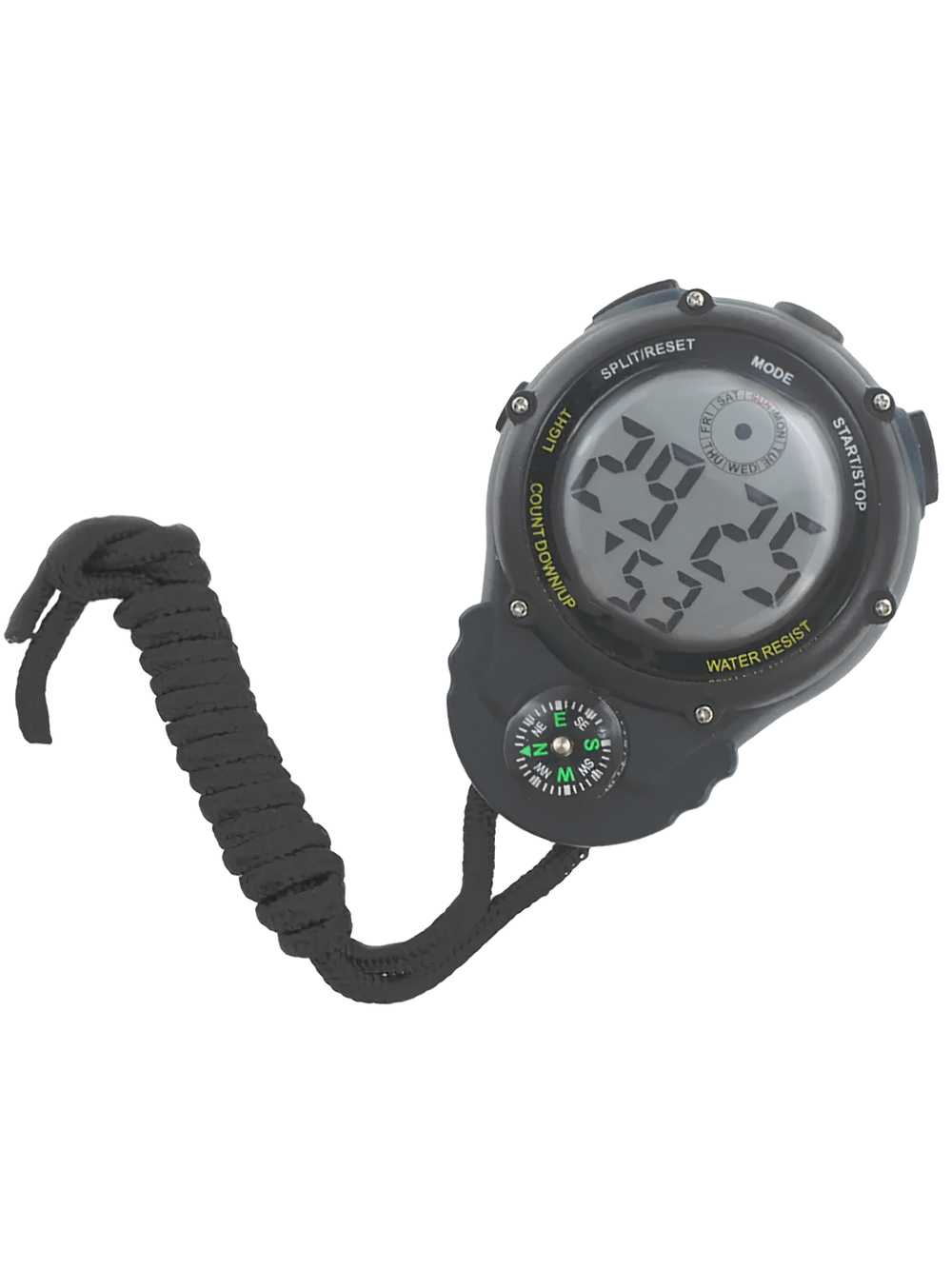 Digital Sports Stopwatch with Compass and Backlight - SF3478 with water-resistant design, black durable cord, and backlight display.