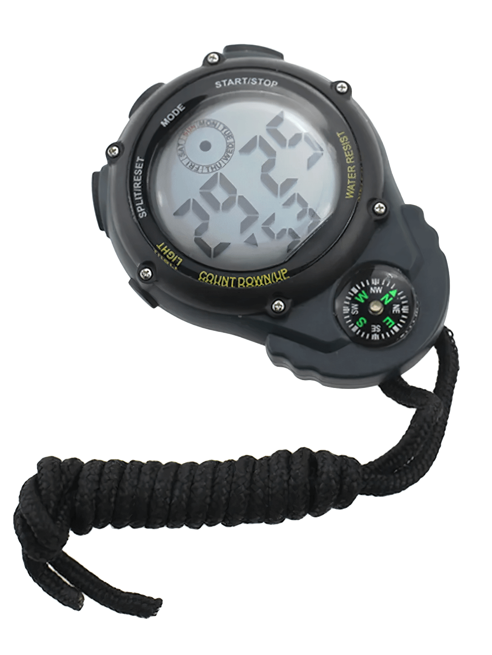 Digital Sports Stopwatch with Compass and Backlight - SF3478, water resistant timer for athletes, featuring countdown and compass.