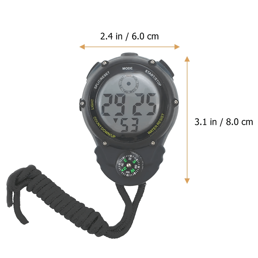 Digital Sports Stopwatch with Compass and Backlight - SF3478, showcasing its water-resistant design, perfect for athletes and outdoor use.