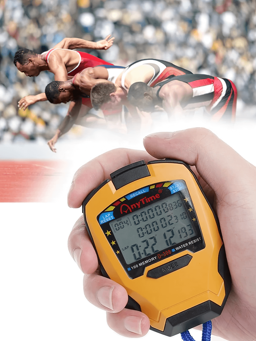 Hand holding Digital Stopwatch with 100 Lap Memory - SF3476 during a sports event, showcasing precise timing and functionality.