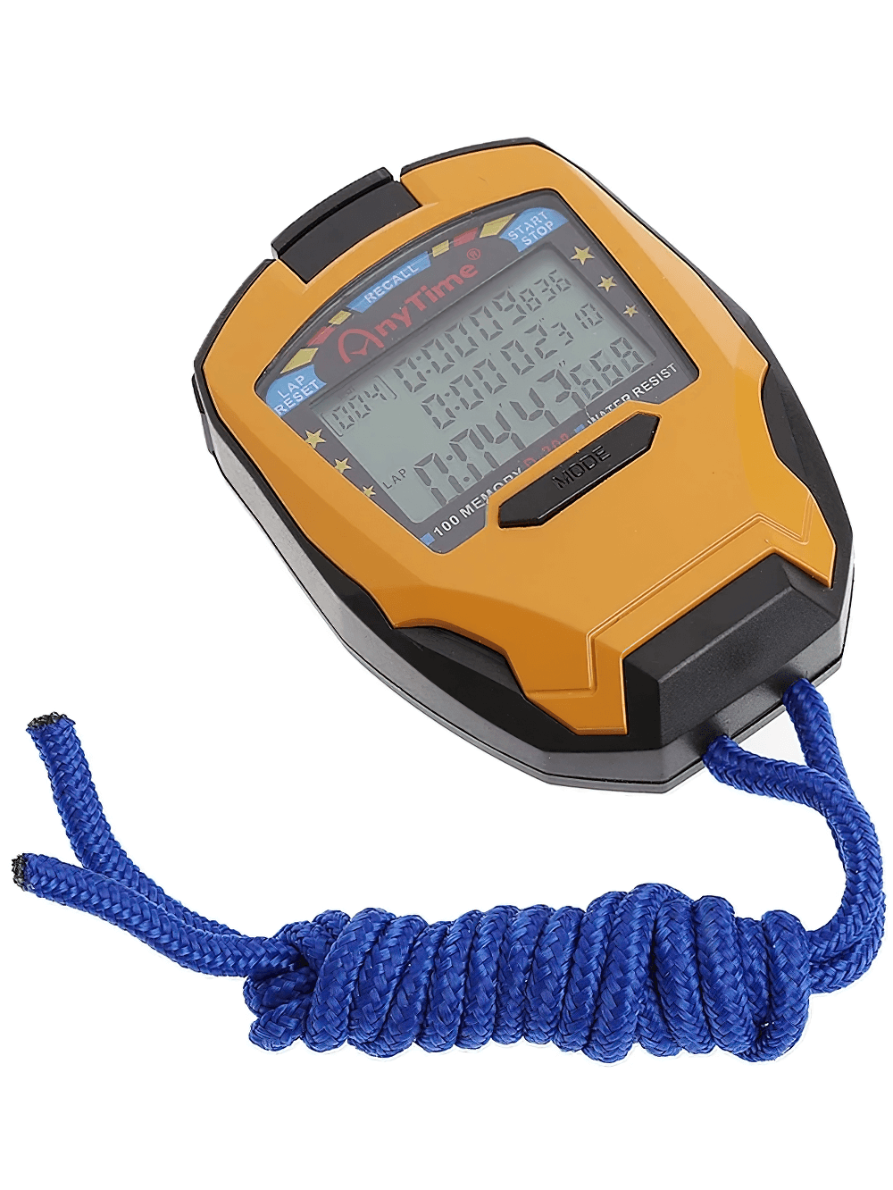 Orange digital stopwatch with blue cord showcasing Digital Stopwatch with 100 Lap Memory - SF3476 features on screen display.