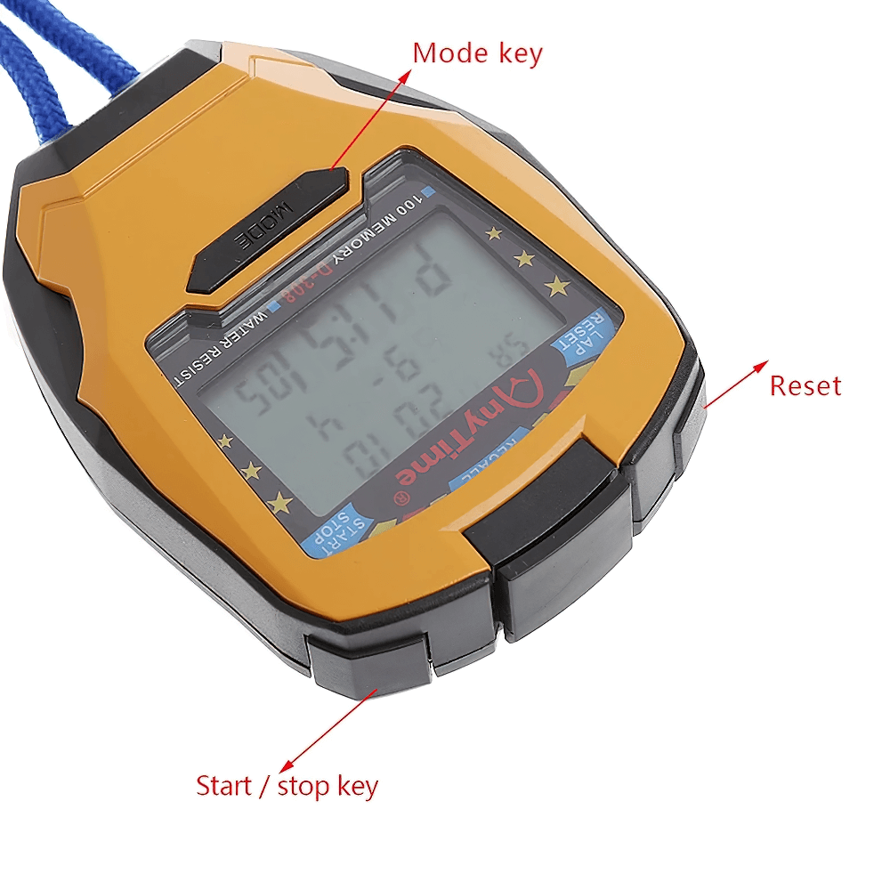 Digital Stopwatch with 100 Lap Memory - SF3476 featuring mode, reset, and start/stop keys for precision timing and athletic training.