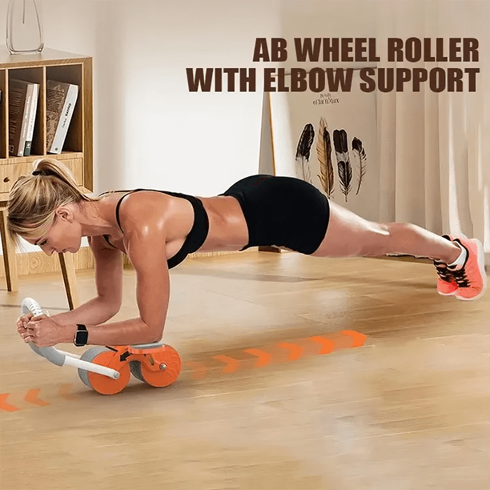 Woman using digital timed abdominal roller with elbow support, showing automatic rebound feature and ergonomic design for core workouts.