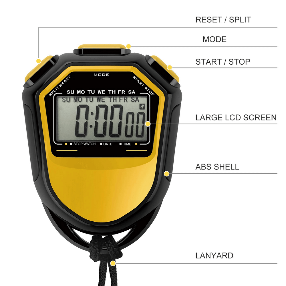 Digital Waterproof Sports Stopwatch with Timer - SF3461 showing reset, mode, start buttons, large LCD, ABS shell, and lanyard