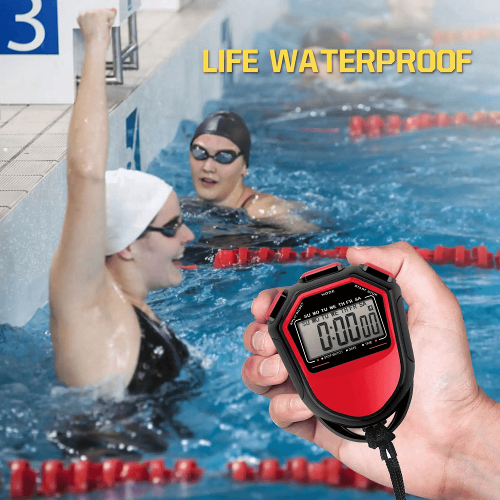 Digital Waterproof Sports Stopwatch with Timer - SF3461 held by a poolside, swimmers finishing a race, showcasing its durability.