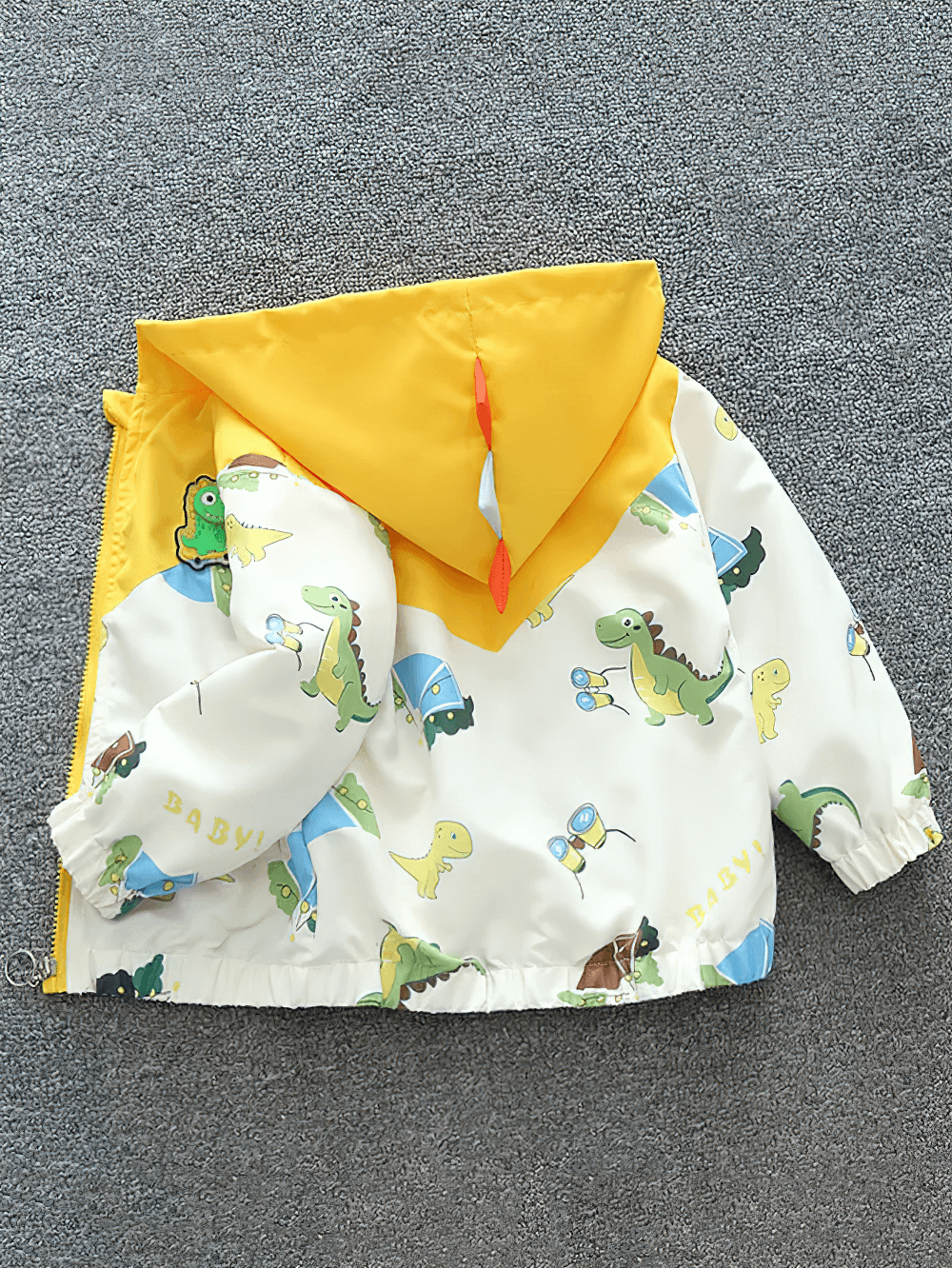 Dinosaur Print Hooded Jacket with Colorful Details - SF3566 featuring vibrant dinosaurs and a bright hood.