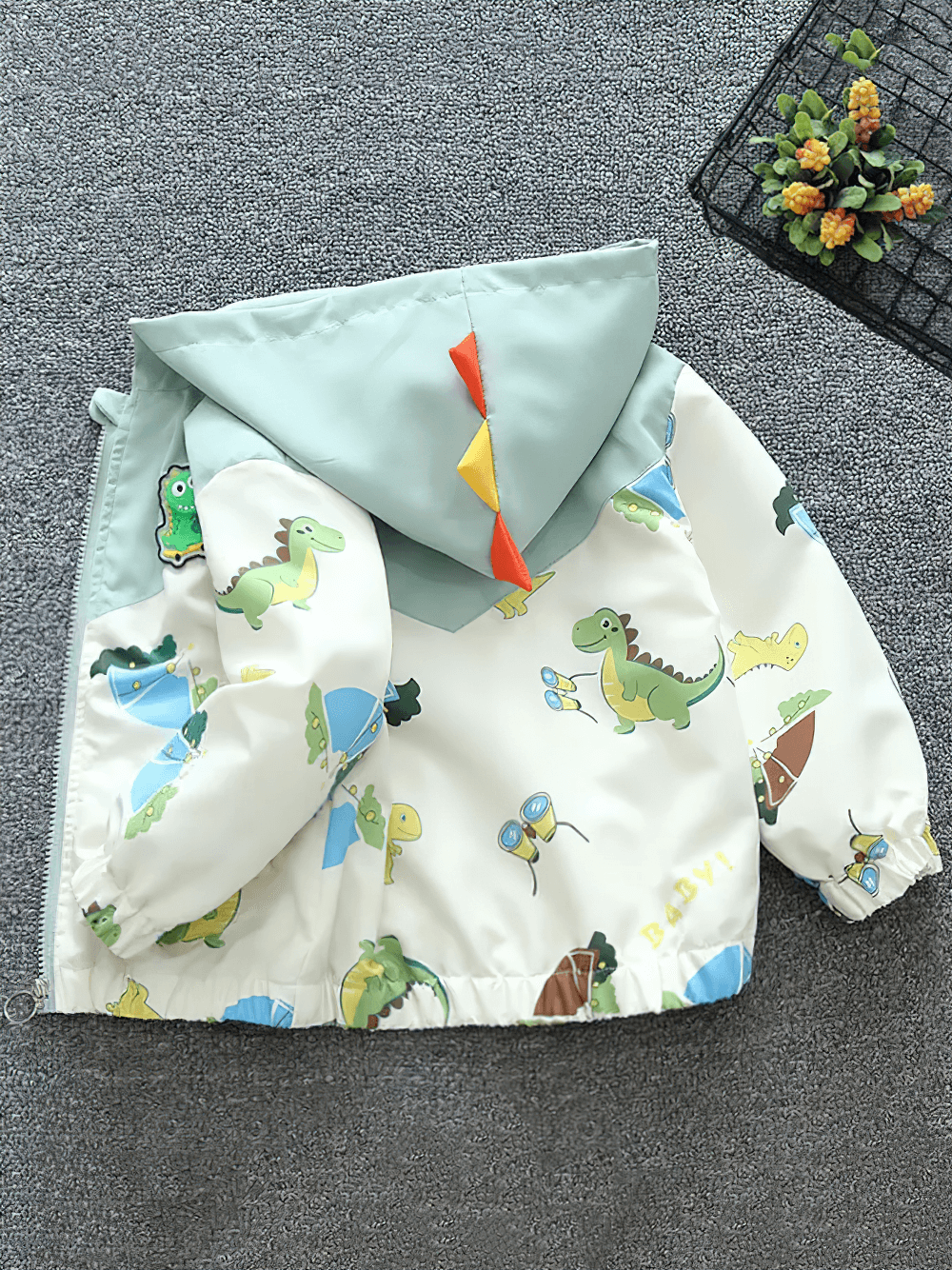 Dinosaur Print Hooded Jacket with Colorful Details - SF3566, showcasing vibrant dinosaur designs and playful accents.