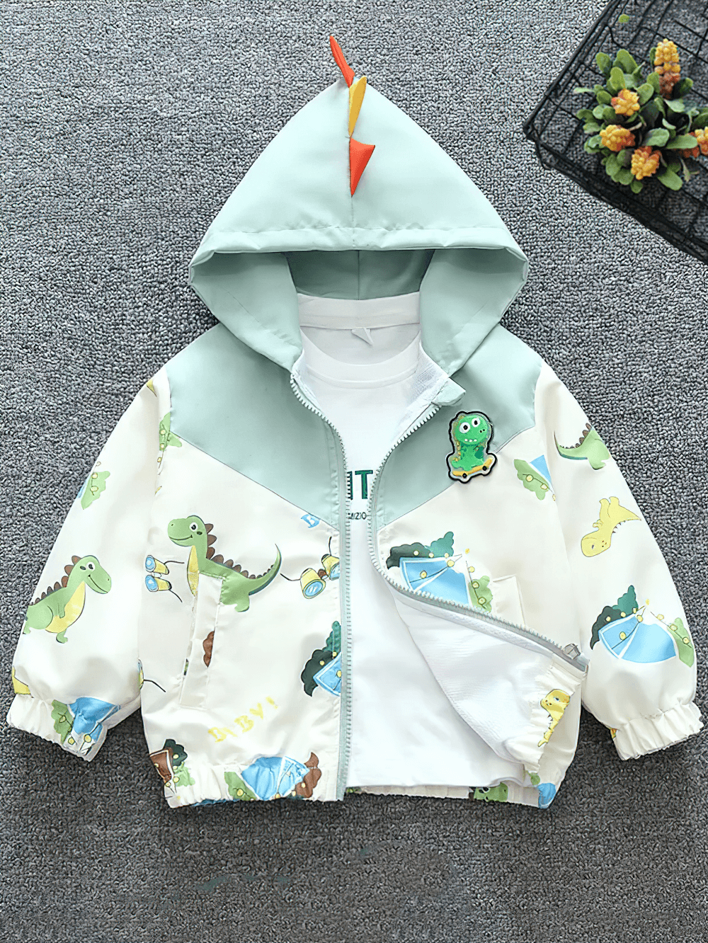 Dinosaur Print Hooded Jacket with Colorful Details - SF3566, featuring playful dinosaur patterns and vibrant accents for kids.