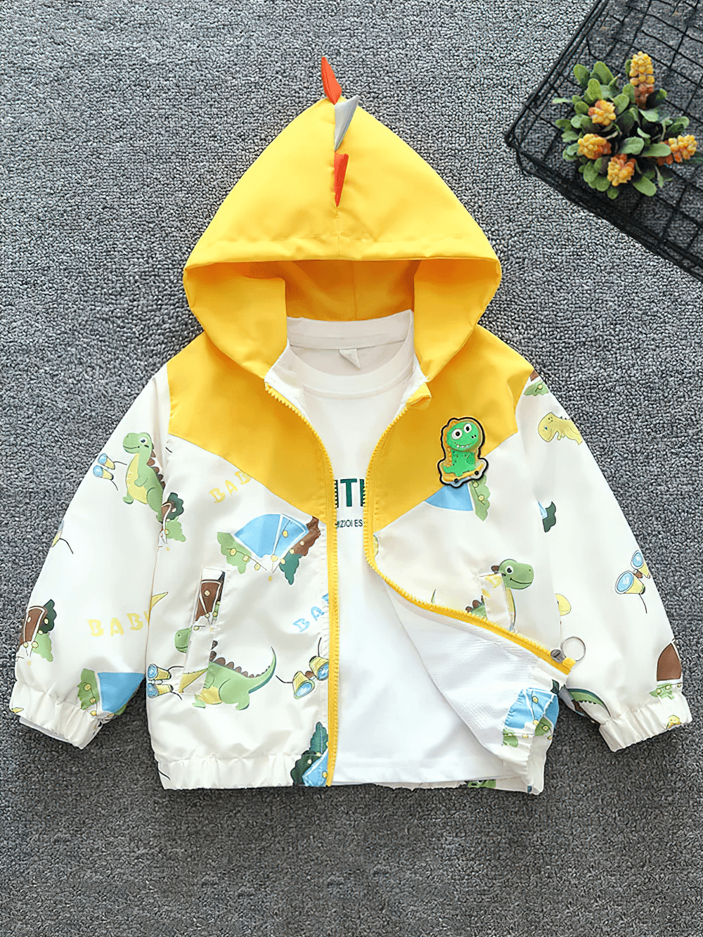 Dinosaur Print Hooded Jacket with Colorful Details - SF3566 on gray background.