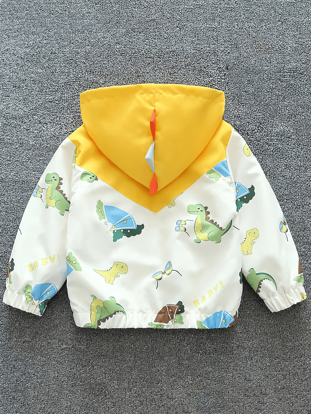 Dinosaur Print Hooded Jacket with Colorful Details - SF3566, featuring vibrant dinosaurs on a playful background.