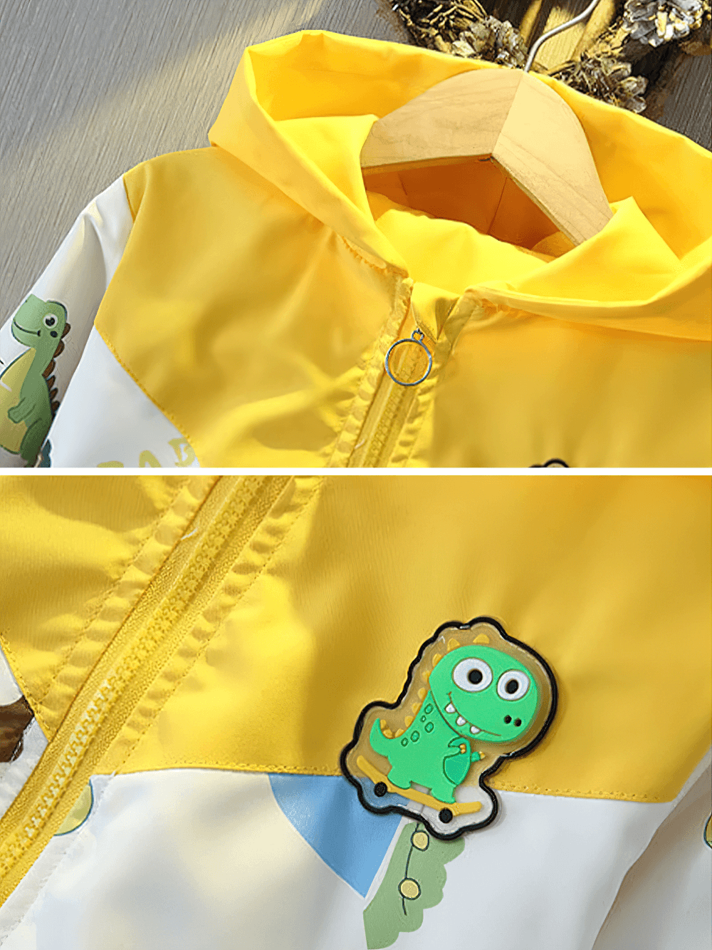 Dinosaur Print Hooded Jacket with Colorful Details - SF3566 featuring cute dinosaur designs and vibrant yellow accents for kids.