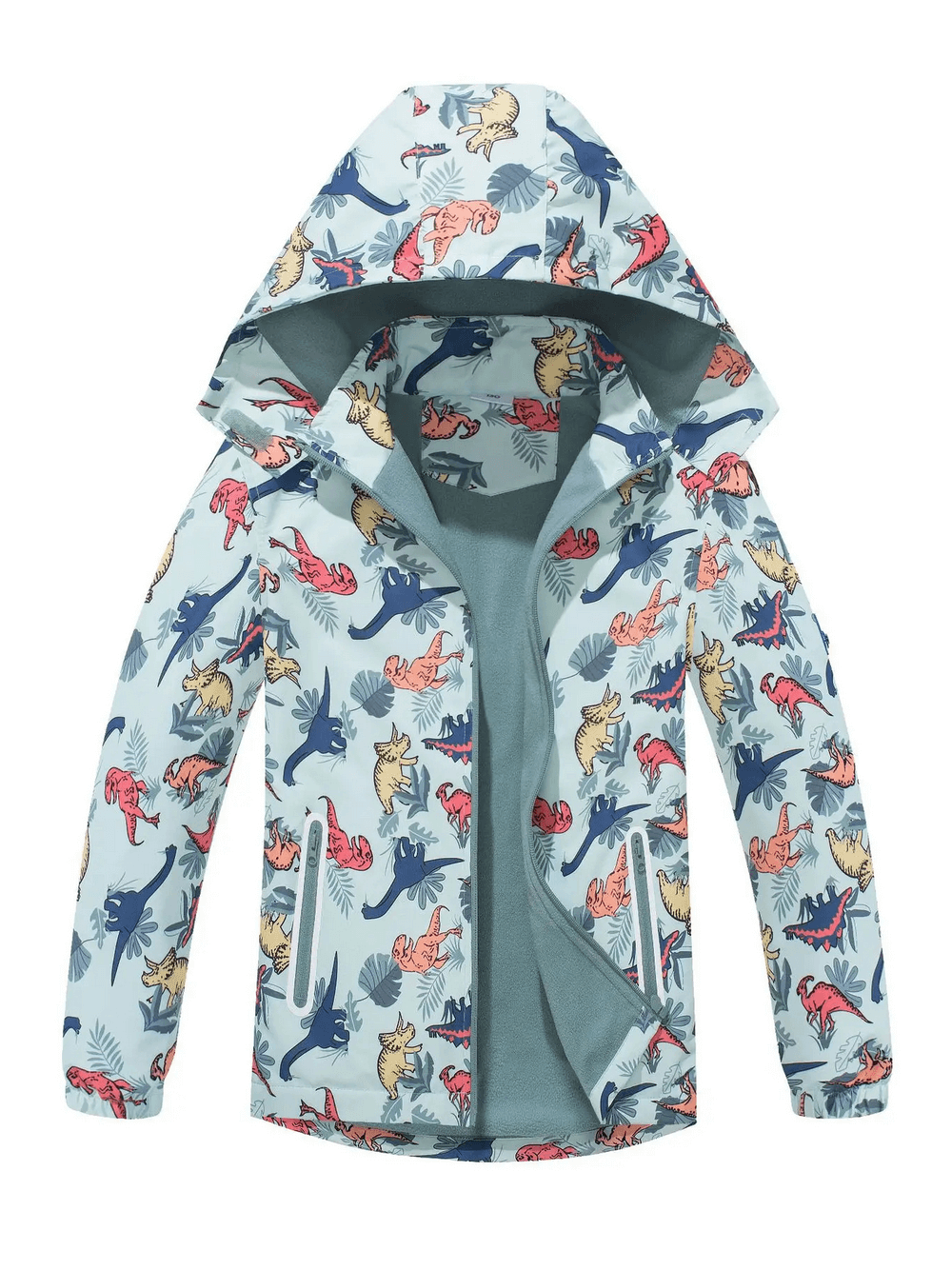 Dinosaur Print Kids Waterproof Jacket with Hood - SF3577 featuring playful dinosaur designs, waterproof exterior, and cozy fleece lining.