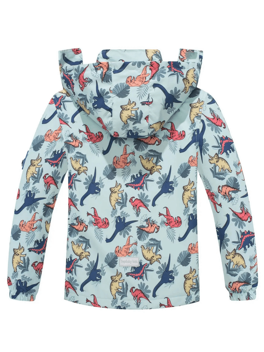 Dinosaur Print Kids Waterproof Jacket with Hood - SF3577 featuring a vibrant dinosaur pattern and detachable hood for fun outdoor adventures.