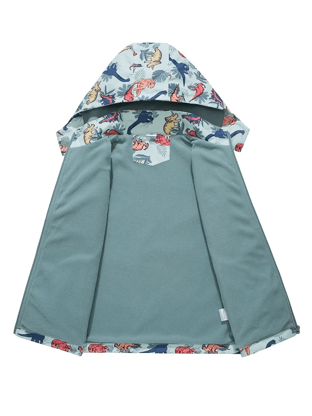 Dinosaur Print Kids Waterproof Jacket with Hood - SF3577, interior view with fleece lining and fun dinosaur pattern. Perfect for rainy days.