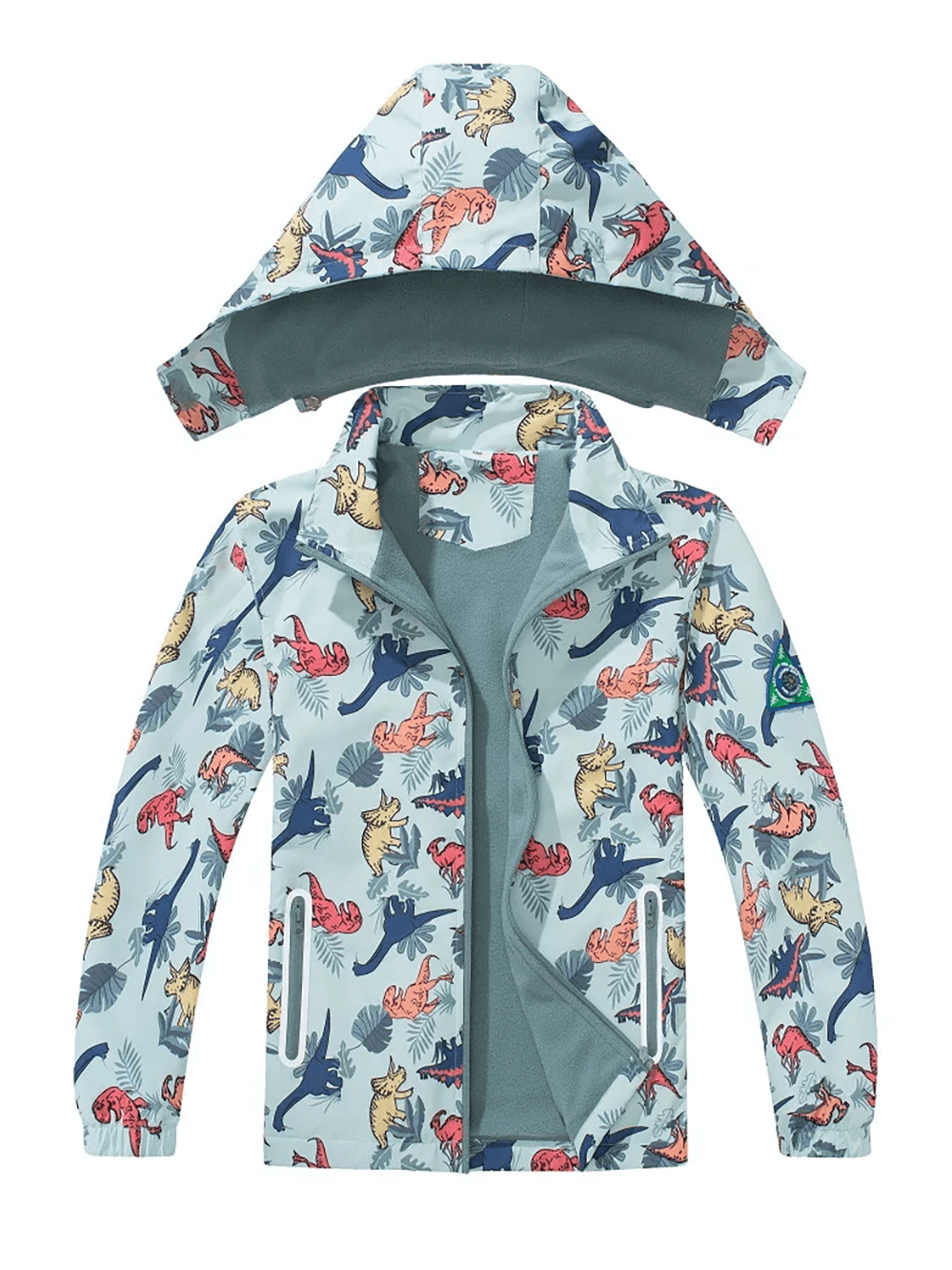 Dinosaur Print Kids Waterproof Jacket with Hood - SF3577; vibrant dinosaur pattern, cozy fleece lining, detachable hood. Perfect for rain.