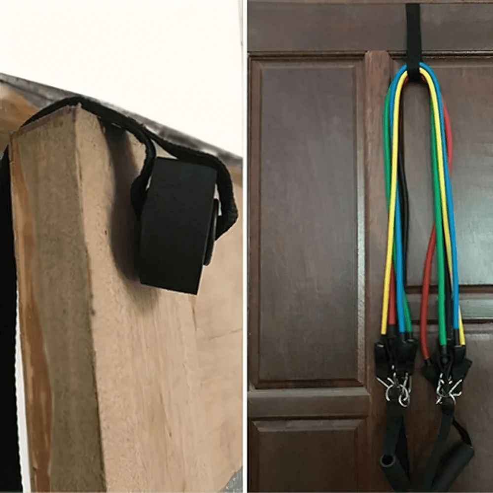 Door anchor strap securing resistance bands for home workouts, showcasing foam stopper for stability and protection on wooden door.