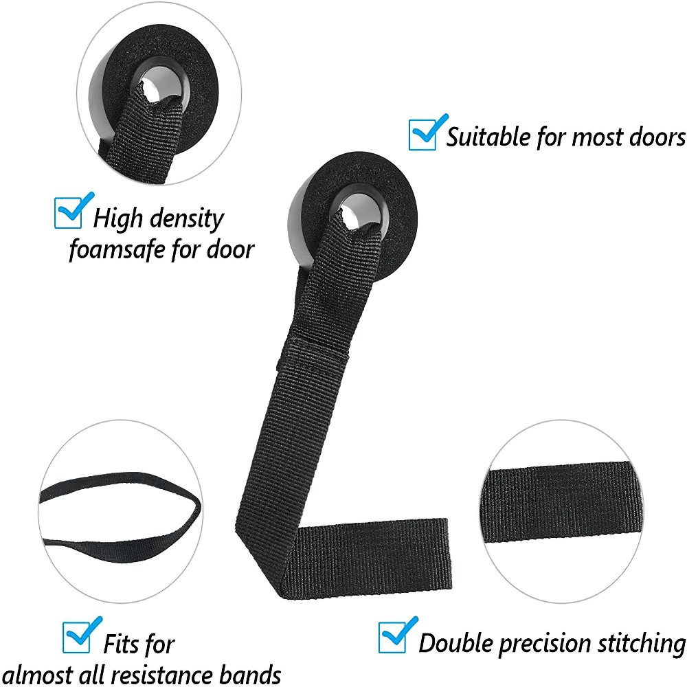 Black door anchor strap for resistance bands with double precision stitching and foam stopper, suitable for most doors and bands.