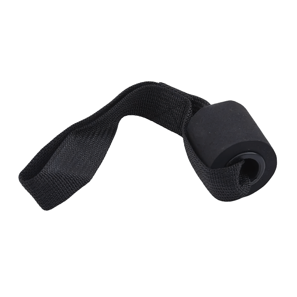 Black door anchor strap with foam stopper for resistance bands, ideal for home workouts and strength training.