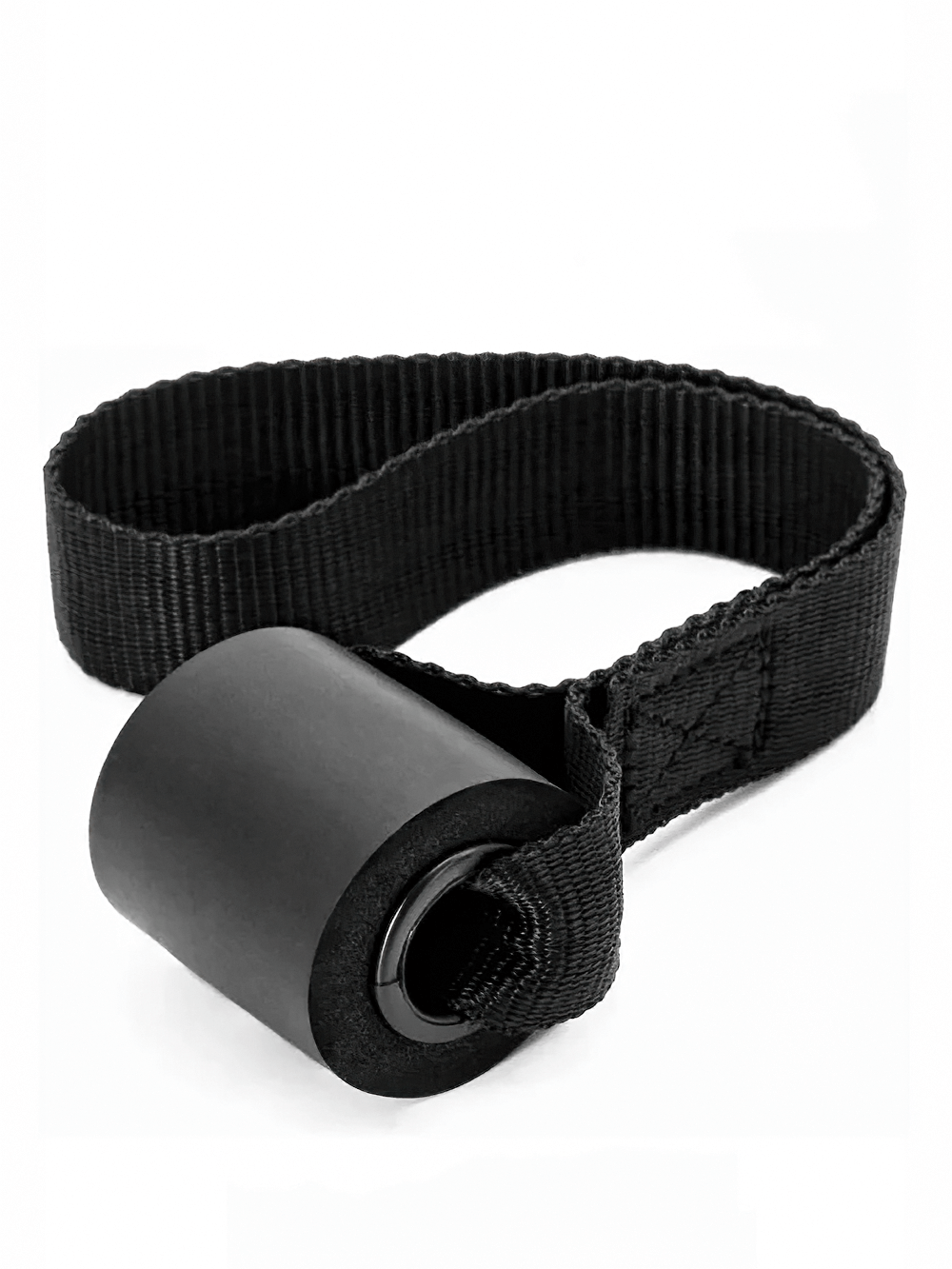 Black door anchor strap for resistance bands, ideal for home workouts and rehabilitation, with foam stopper for stability and door protection.