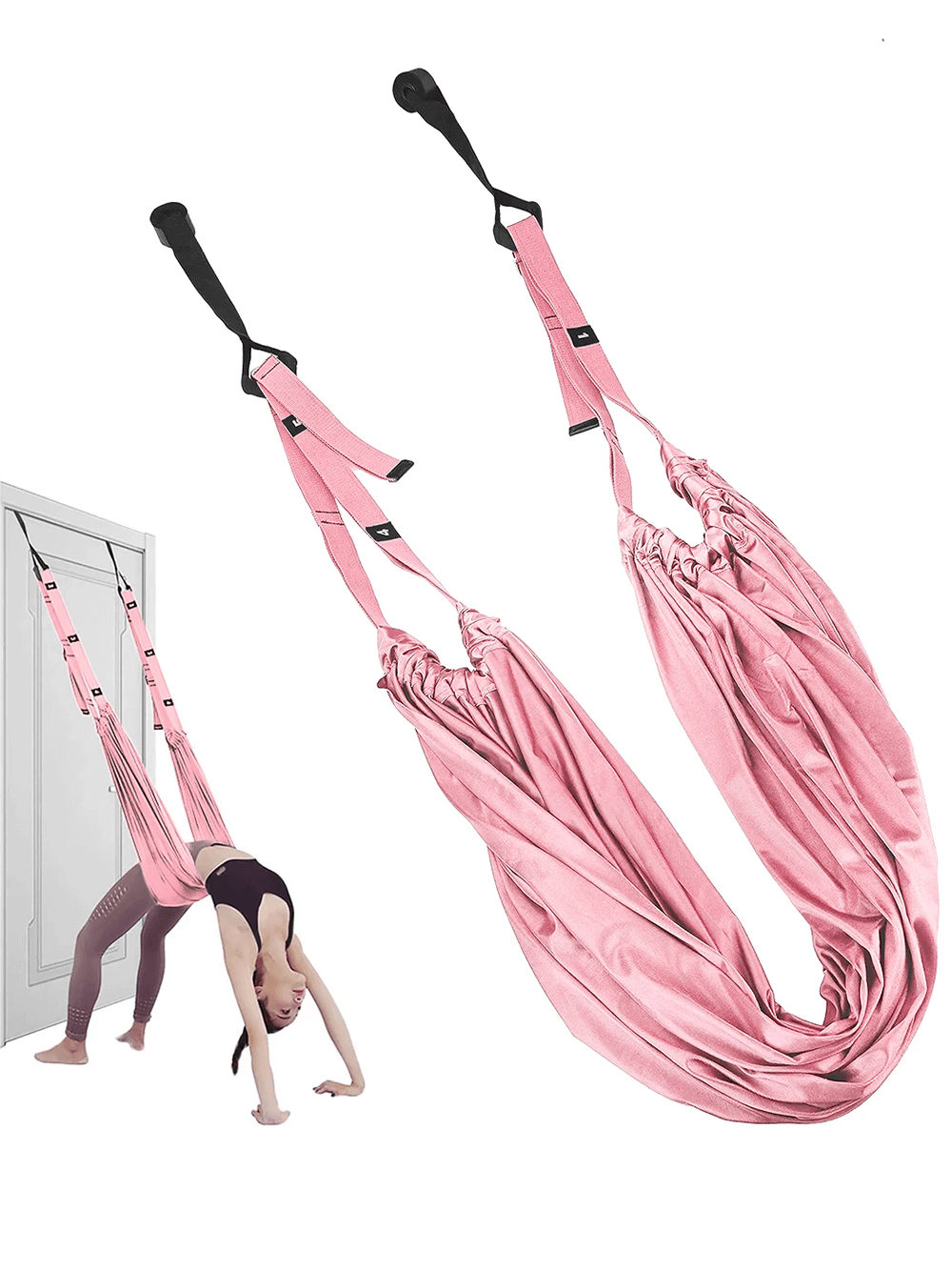 Pink door anchor yoga hammock swing for flexibility and inversion therapy, shown with woman stretching in doorway.