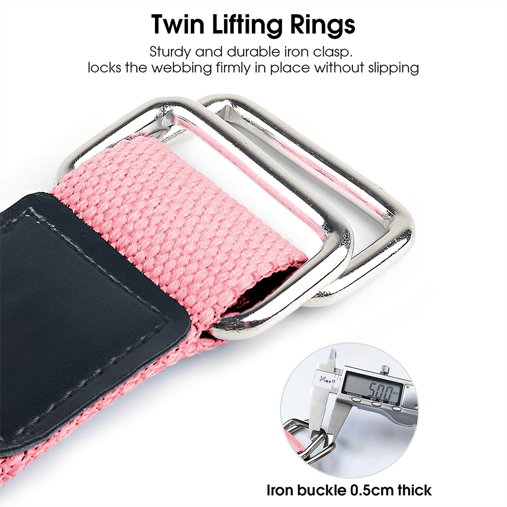 Close-up of pink yoga hammock strap with twin lifting rings, featuring durable iron clasp and 0.5cm thick iron buckle for secure use.