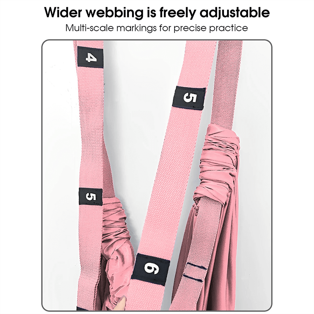 Pink adjustable aerial yoga hammock swing with numbered straps for precise stretching and inversion training.