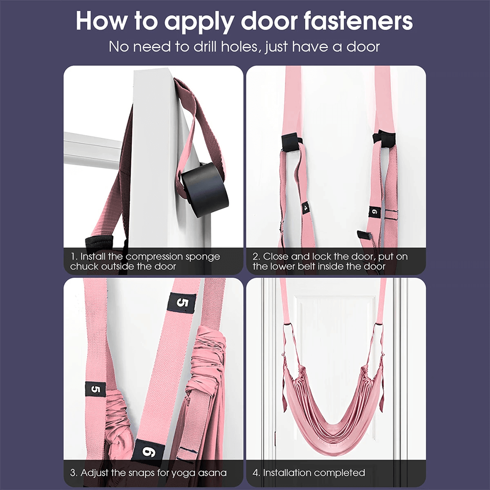 Pink aerial yoga hammock swing installation guide for door, featuring four steps to easily set up for stretching and inversion exercises.
