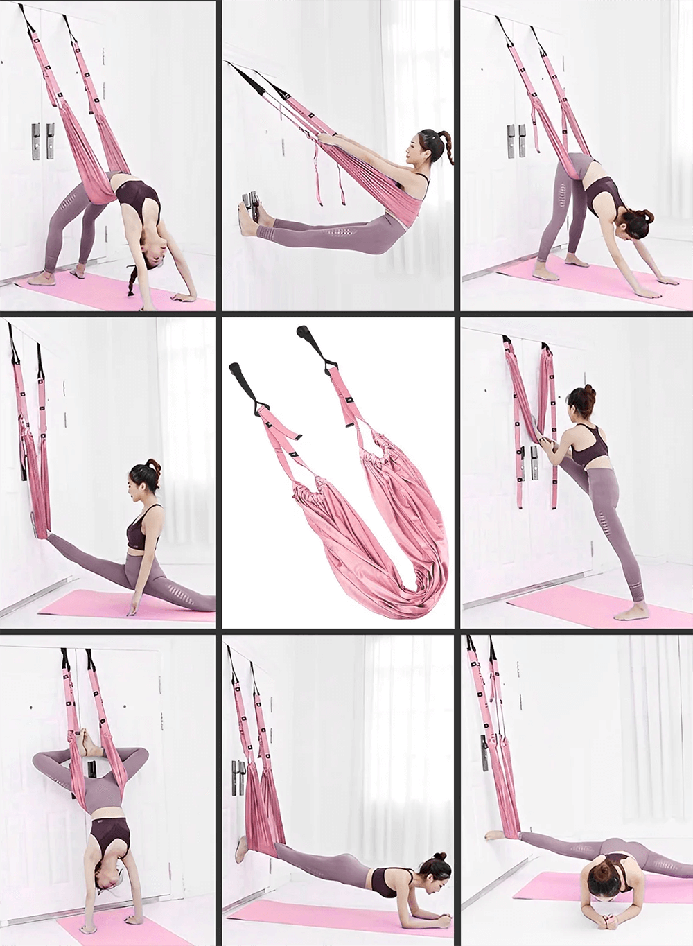 Woman uses pink door anchor yoga hammock swing for stretching and inversion exercises at home, enhancing flexibility and core strength.