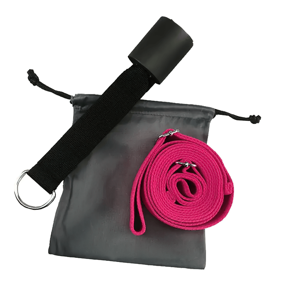 Pink adjustable door stretching strap for ballet and dance with black door anchor, perfect for improving flexibility and leg strength.