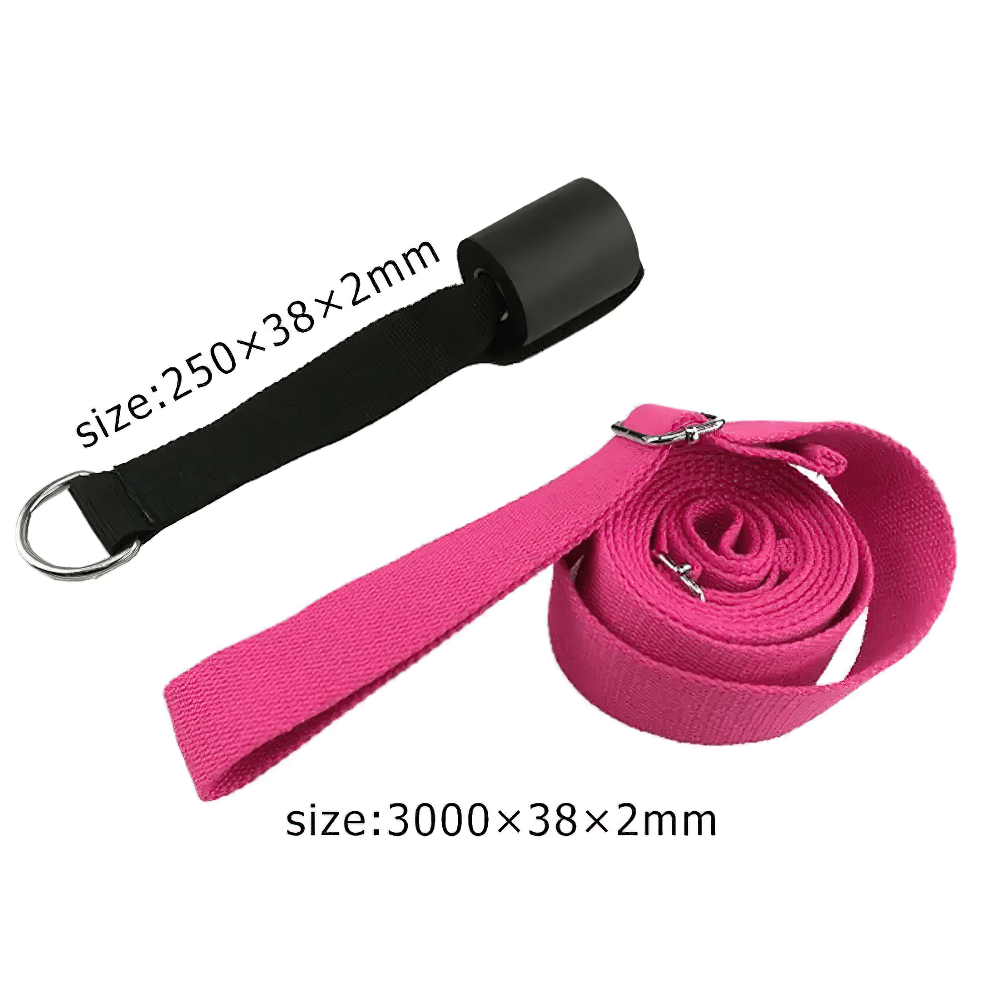 Pink and black adjustable door stretching strap for ballet, dance, and gymnastics with size details SF3321.