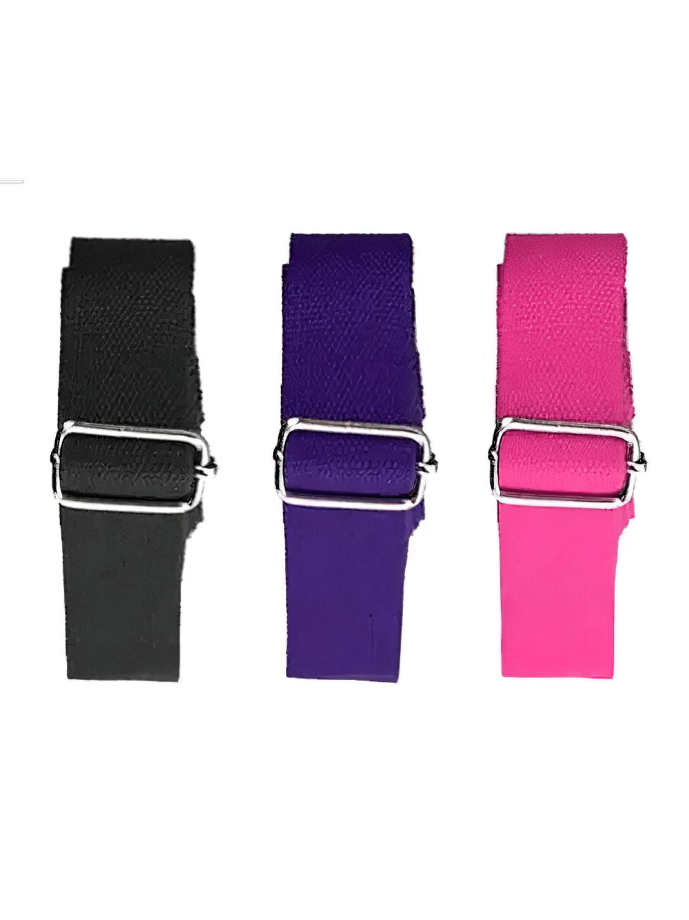 Three colored door stretching straps for ballet and gymnastics. Adjustable leg stretcher bands in black, purple, and pink.