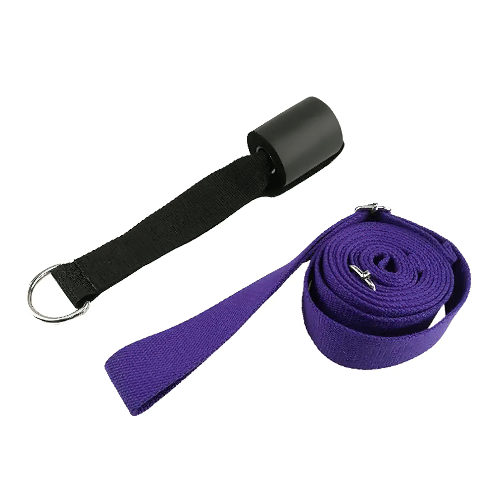 Purple and black adjustable door stretching strap for ballet, gymnastics, dance, and yoga. Increase flexibility and leg strength at home.