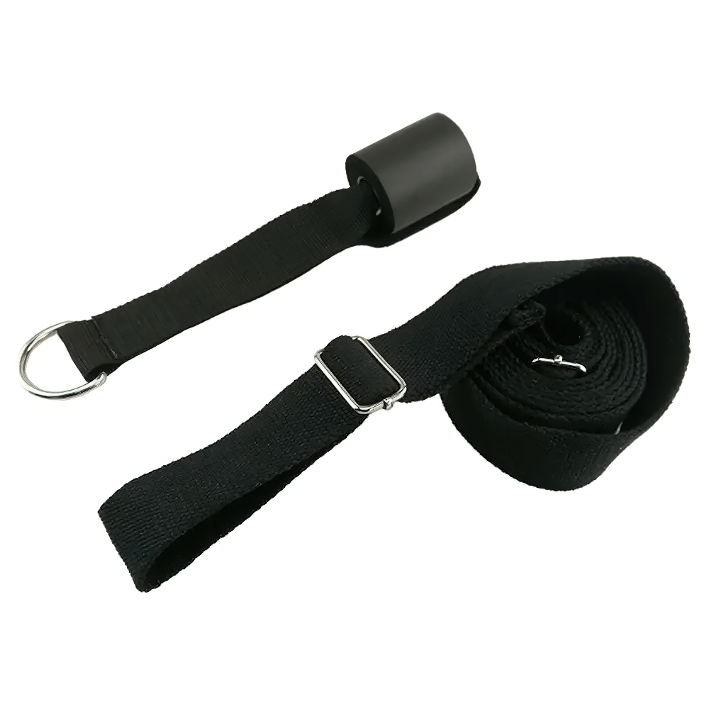 Black adjustable door stretching strap for ballet, dance, gymnastics, and yoga, featuring a durable leg stretcher band.
