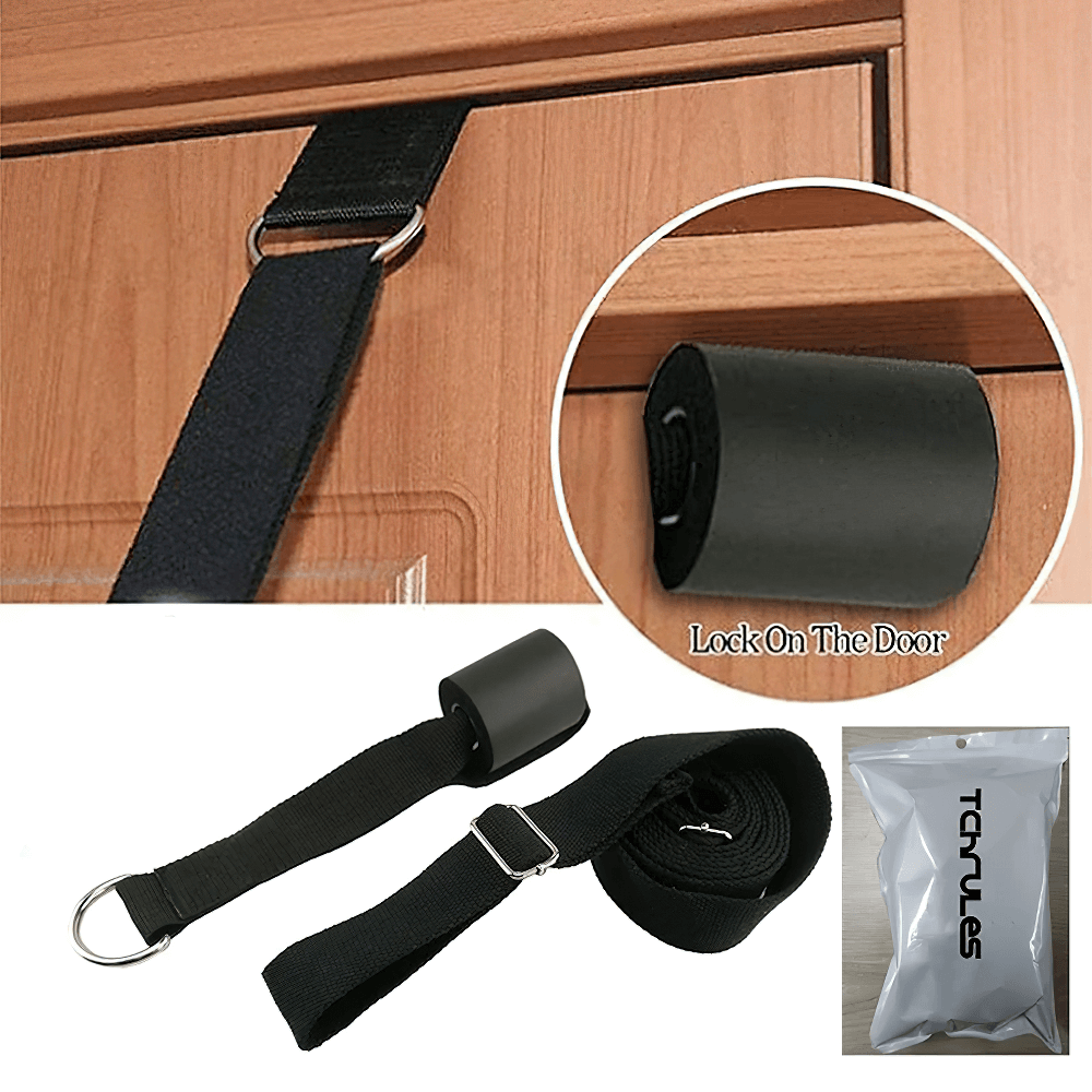 Adjustable black door stretching strap for ballet, dance, and yoga. Includes D-ring and secure door anchor for flexibility training.