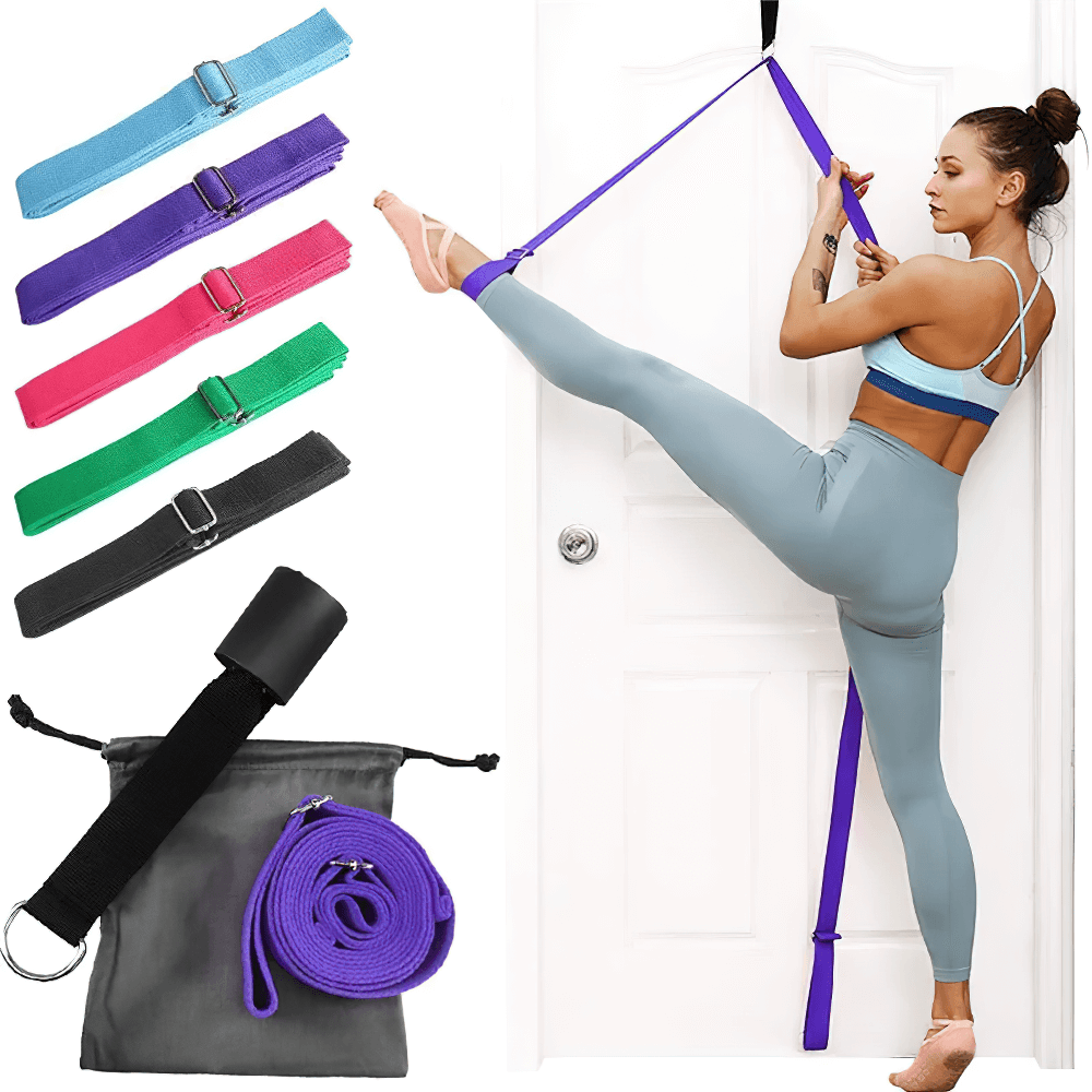 Woman using adjustable purple door yoga stretch strap with D-ring for leg stretching, includes multiple colorful strap options.