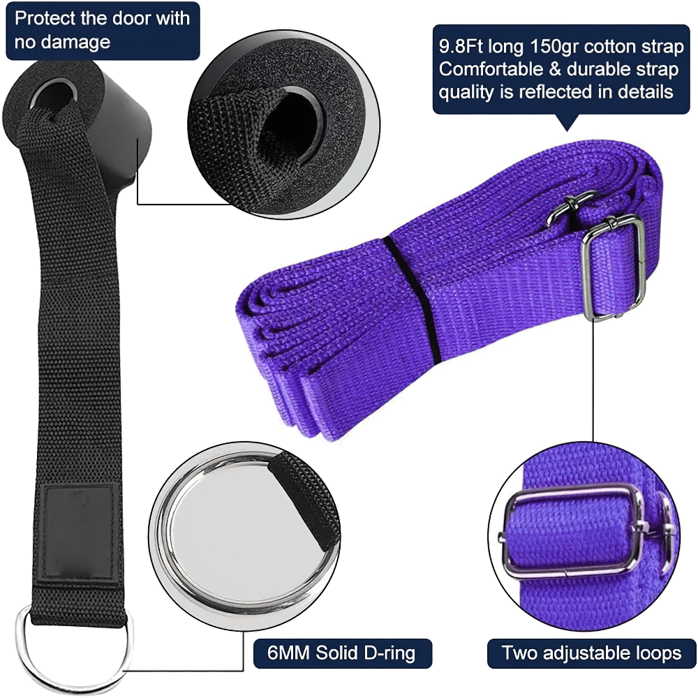 Purple door yoga stretch strap with D-ring, adjustable loops, and door anchor; ideal for yoga, dance, and flexibility training.