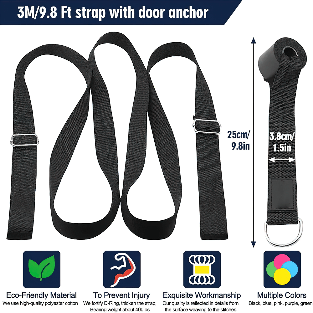 3m door yoga stretch strap with D-ring, adjustable loops, and door anchor for flexibility and balance in yoga, dance, and training.