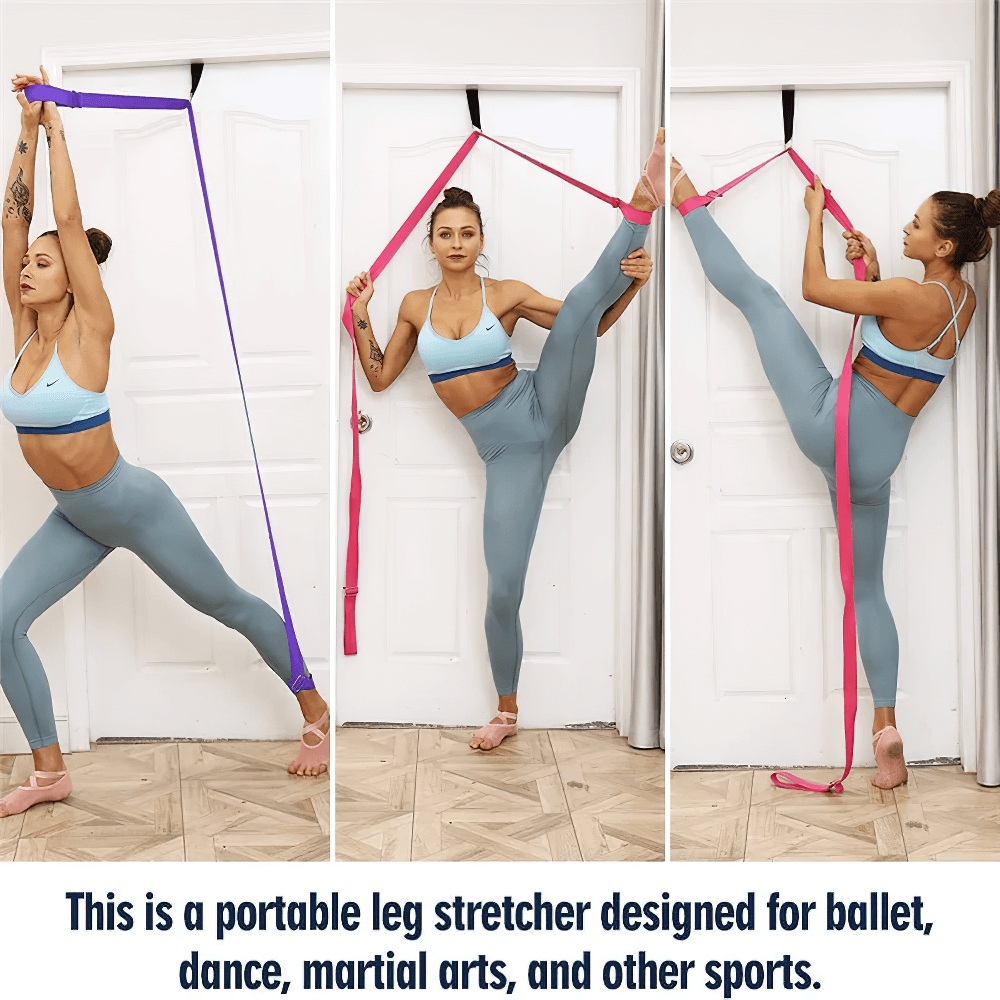 Woman using door yoga stretch strap for leg stretching and balance