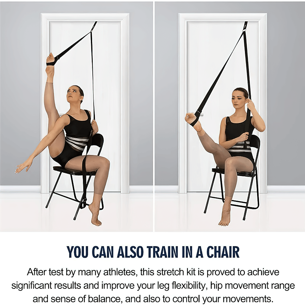 Woman using Door Yoga Stretch Strap in chair for flexibility training