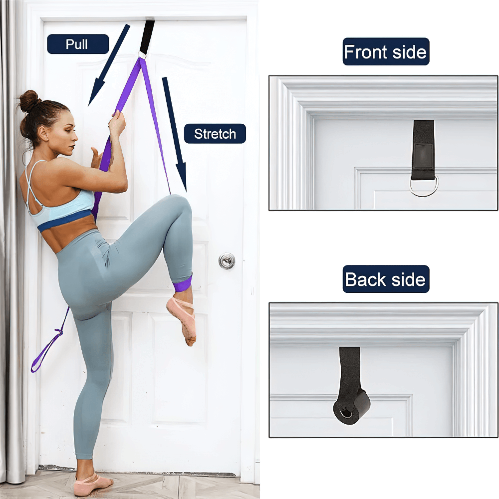 Yoga enthusiast using a purple door stretch strap with D-ring for leg stretching exercises. View of strap's front and back anchor.