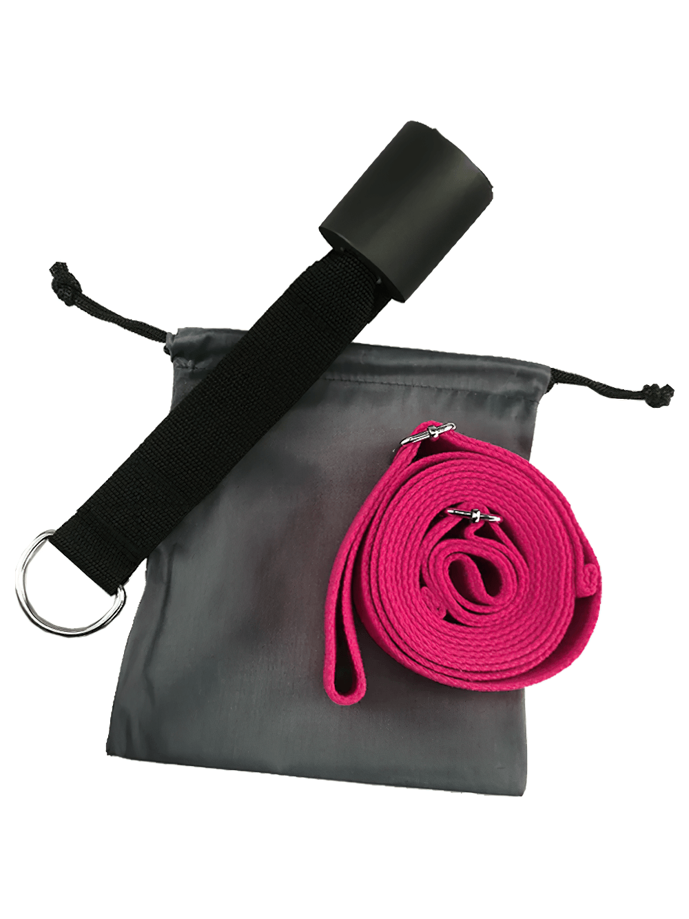 Pink door yoga stretch strap with D-ring and door anchor on storage pouch, perfect for balance and flexibility training in yoga or dance.