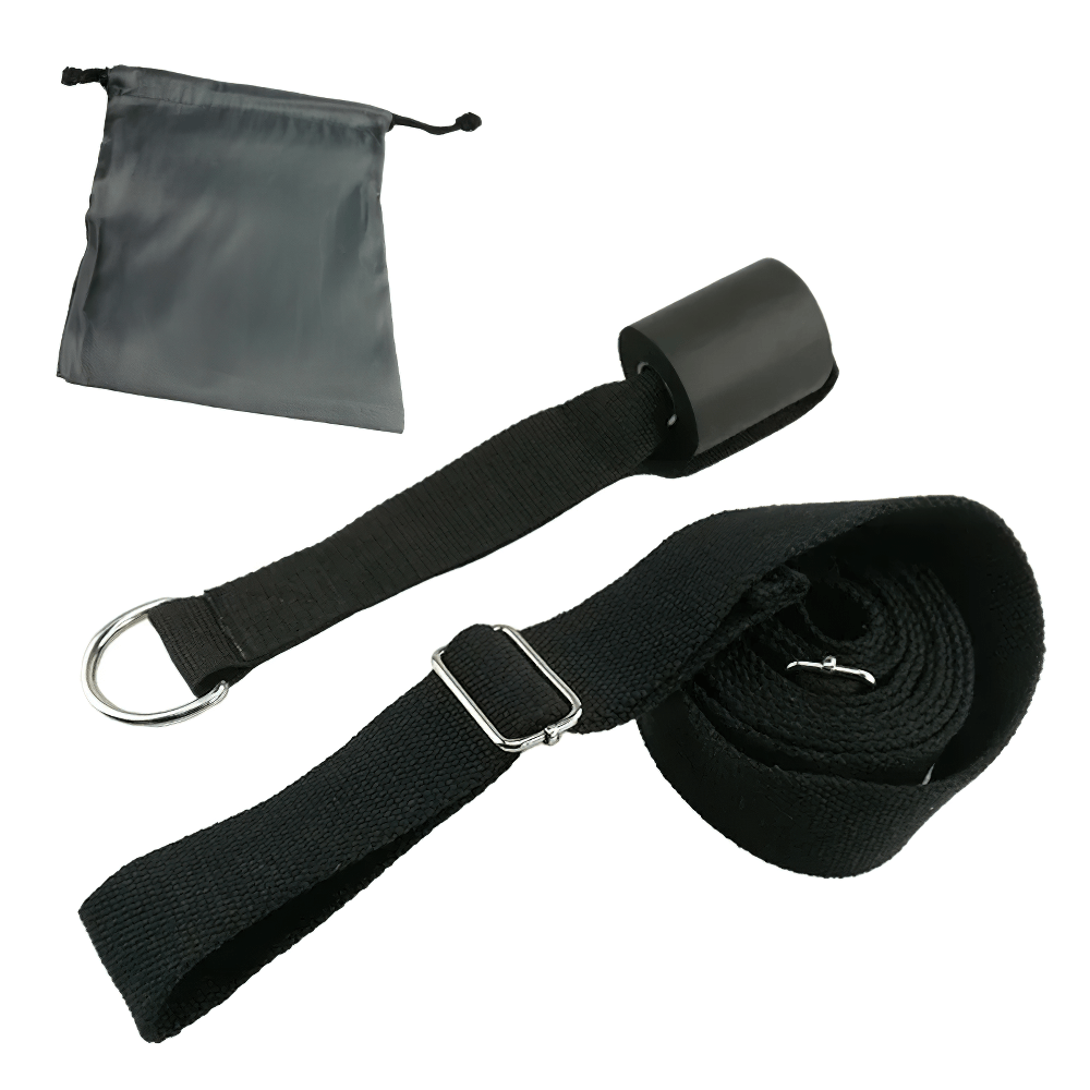 Door yoga stretch strap with D-ring and door anchor for flexibility and balance training, includes carrying pouch, model SF3343.