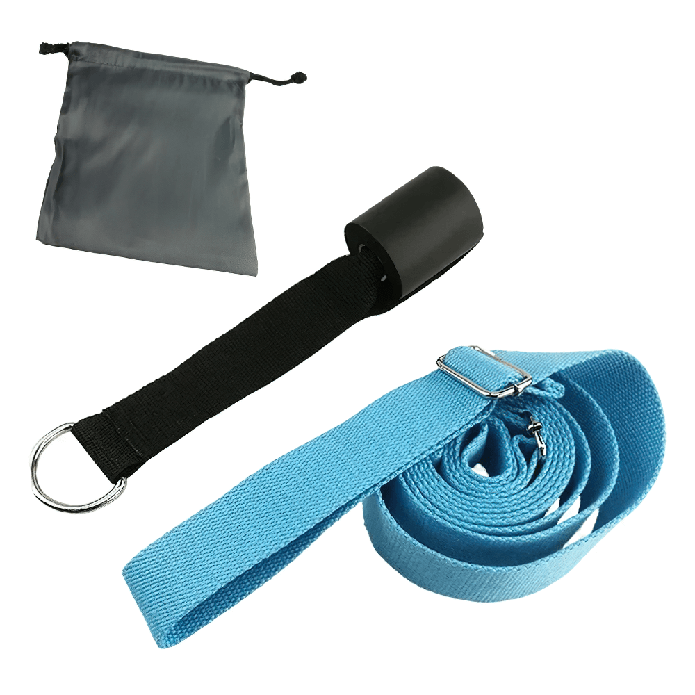 Blue yoga stretch strap with D-ring, adjustable loops, and door anchor for flexibility and balance. Includes carrying pouch.