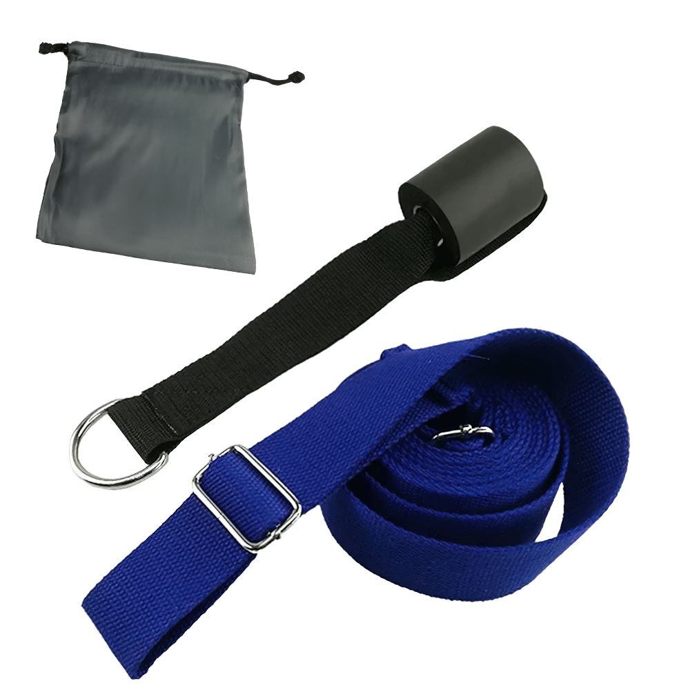 Blue door yoga stretch strap with D-ring and adjustable loops, ideal for balance and flexibility training, includes grey carry pouch.